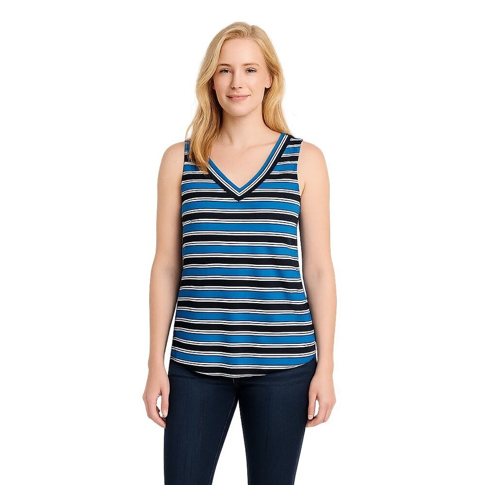 NWT White House Black Market Tank Top M Sleeveless V Neck Stripe Blue #WHBM75